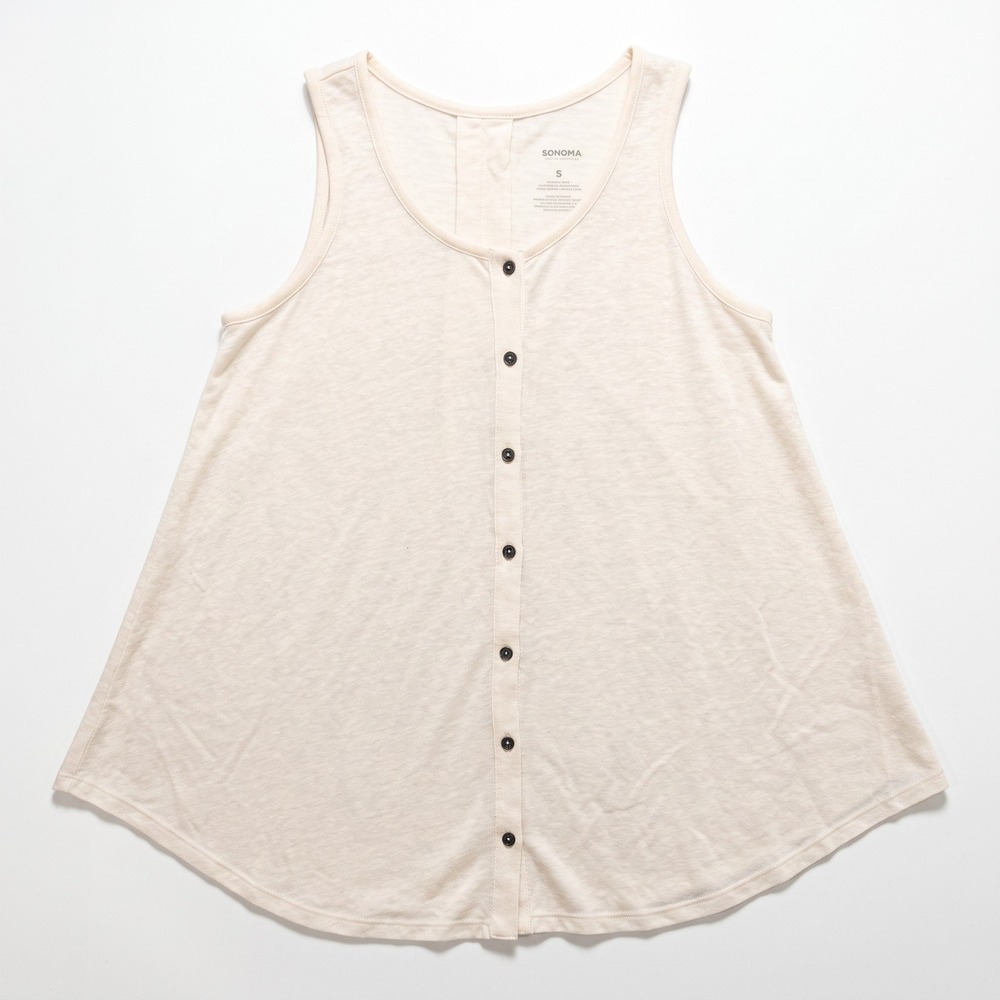 Sonoma Womens S Cream Button Front Swing Tank Top Boho Casual Linen Blend Look